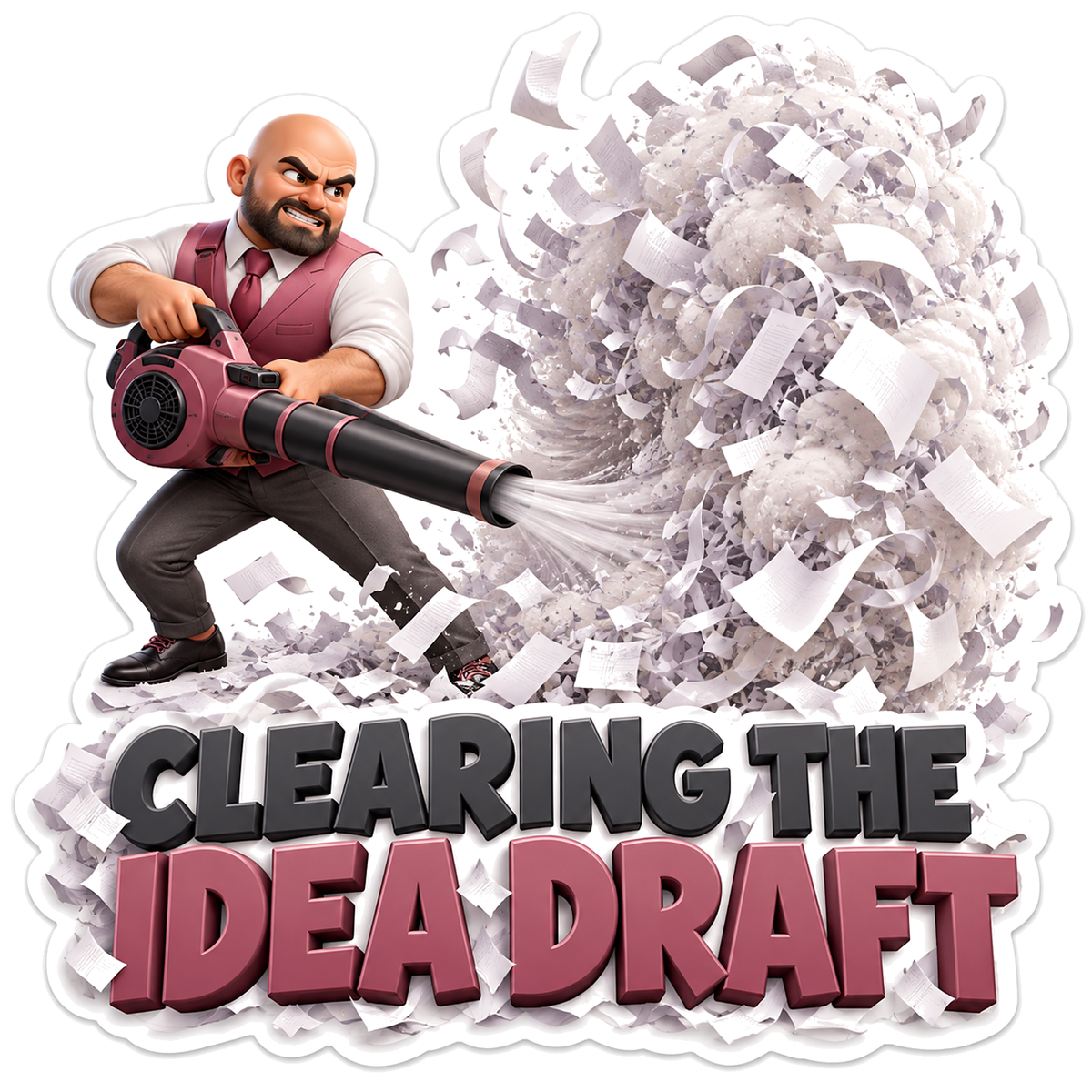 Man Blowing a Swirl of Crumpled Draft Pages Vinyl Decal Stickers