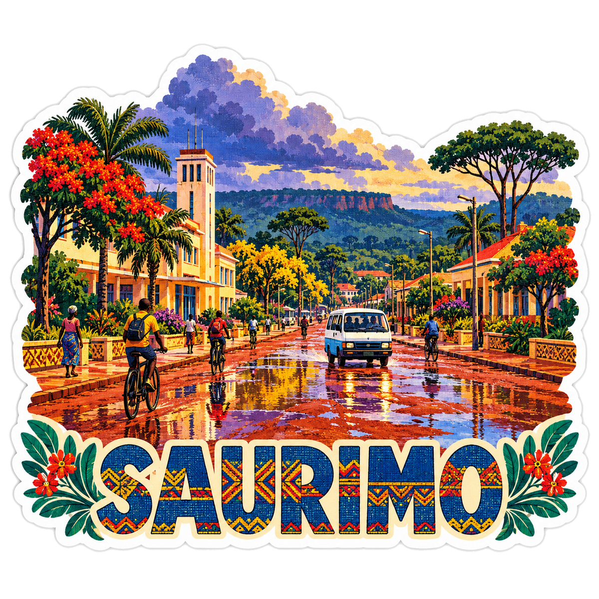 Saurimo Rainy Avenue and Flowering Trees Art Vinyl Decal Stickers