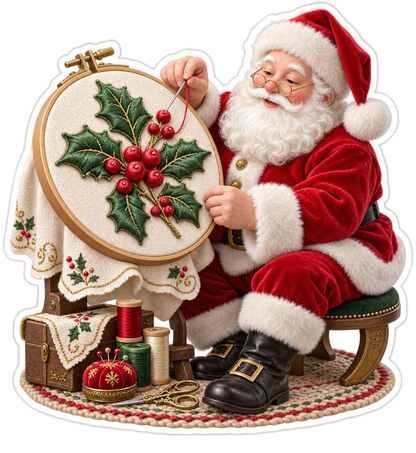 Santa Embroidering Holly in Round Hoop Art Vinyl Decal Stickers