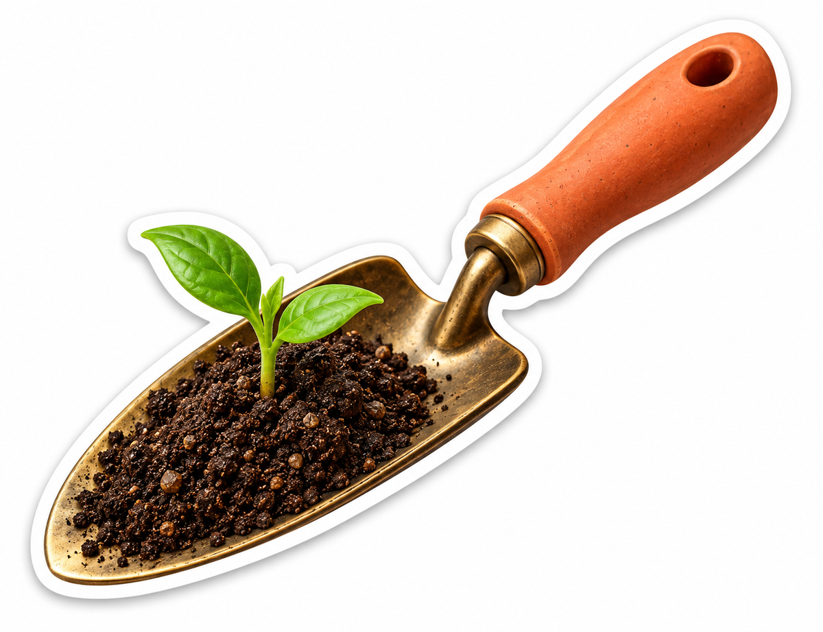 Gold Garden Trowel With Soil and Seedling Art Vinyl Decal Stickers