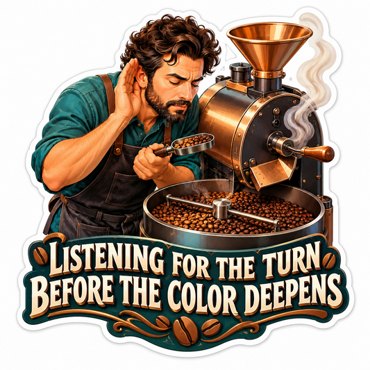 Man Listening beside Copper Coffee Roaster Vinyl Decal Stickers