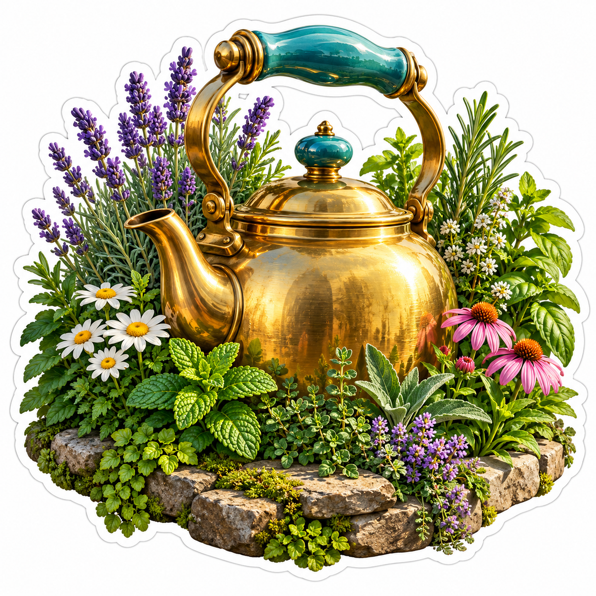 Brass Kettle With Lavender and Daisy Garden Art Vinyl Decal Stickers