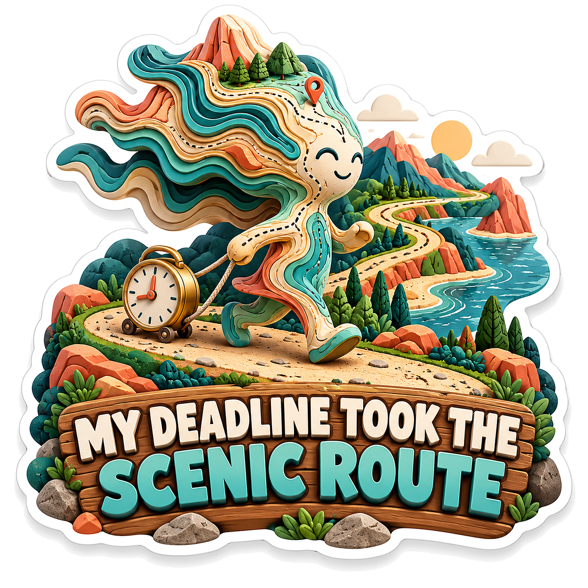 Winding Road Figure in Mountain Scene Vinyl Decal Stickers