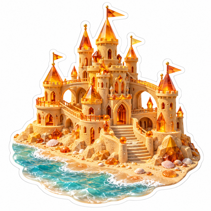 Golden Sandcastle Towers beside Blue Surf Vinyl Decal Stickers