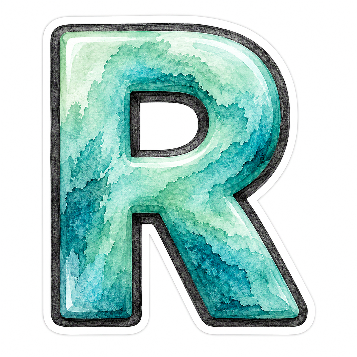 Seafoam Watercolor Charcoal Border Letter R Vinyl Decal Stickers