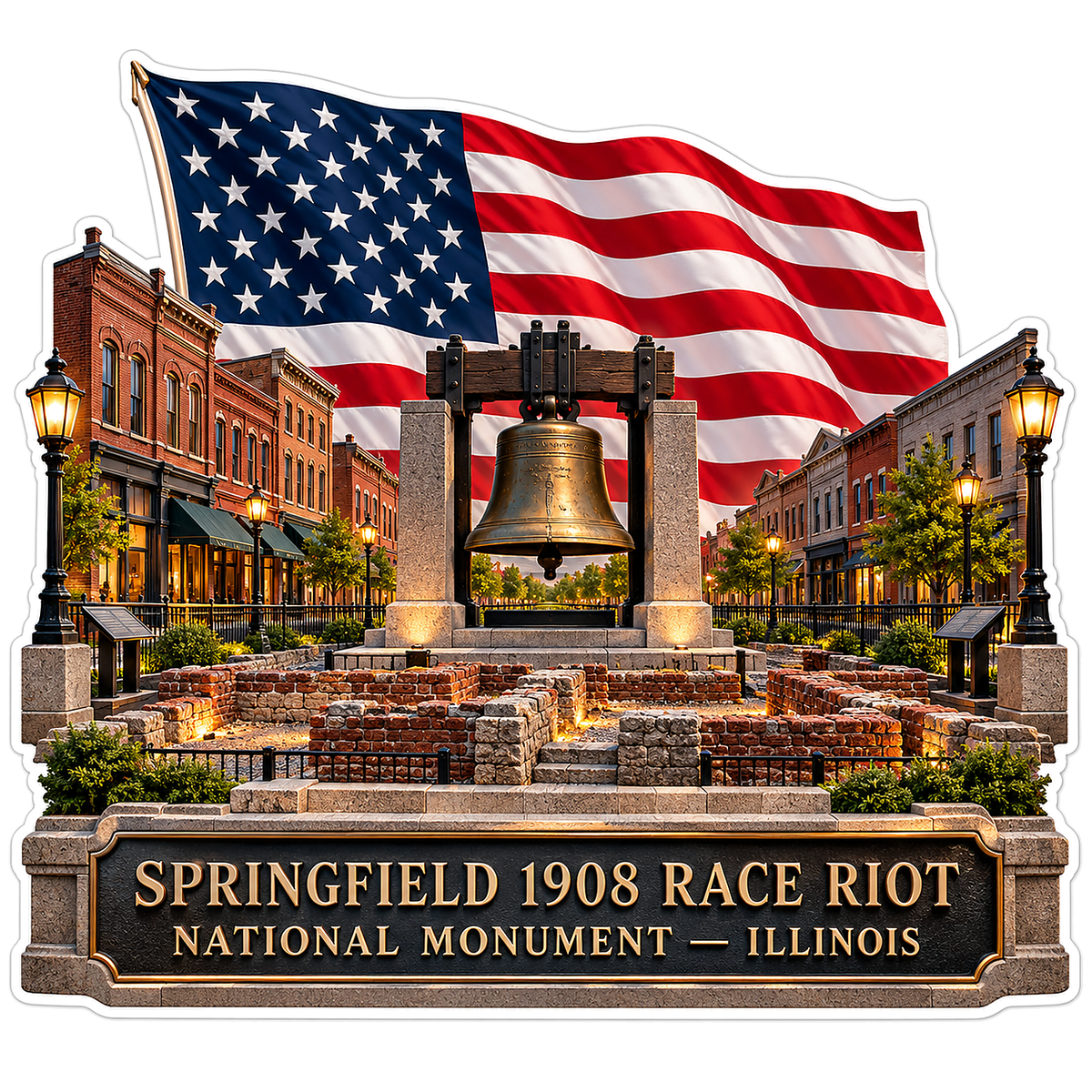 Illinois Bell Memorial with US Flag Art Vinyl Decal Stickers