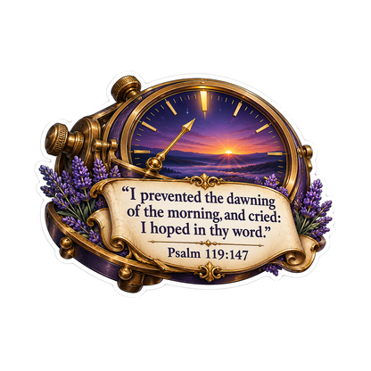 Golden Sunrise Clock and Purple Flowers Psalm Vinyl Decal Stickers