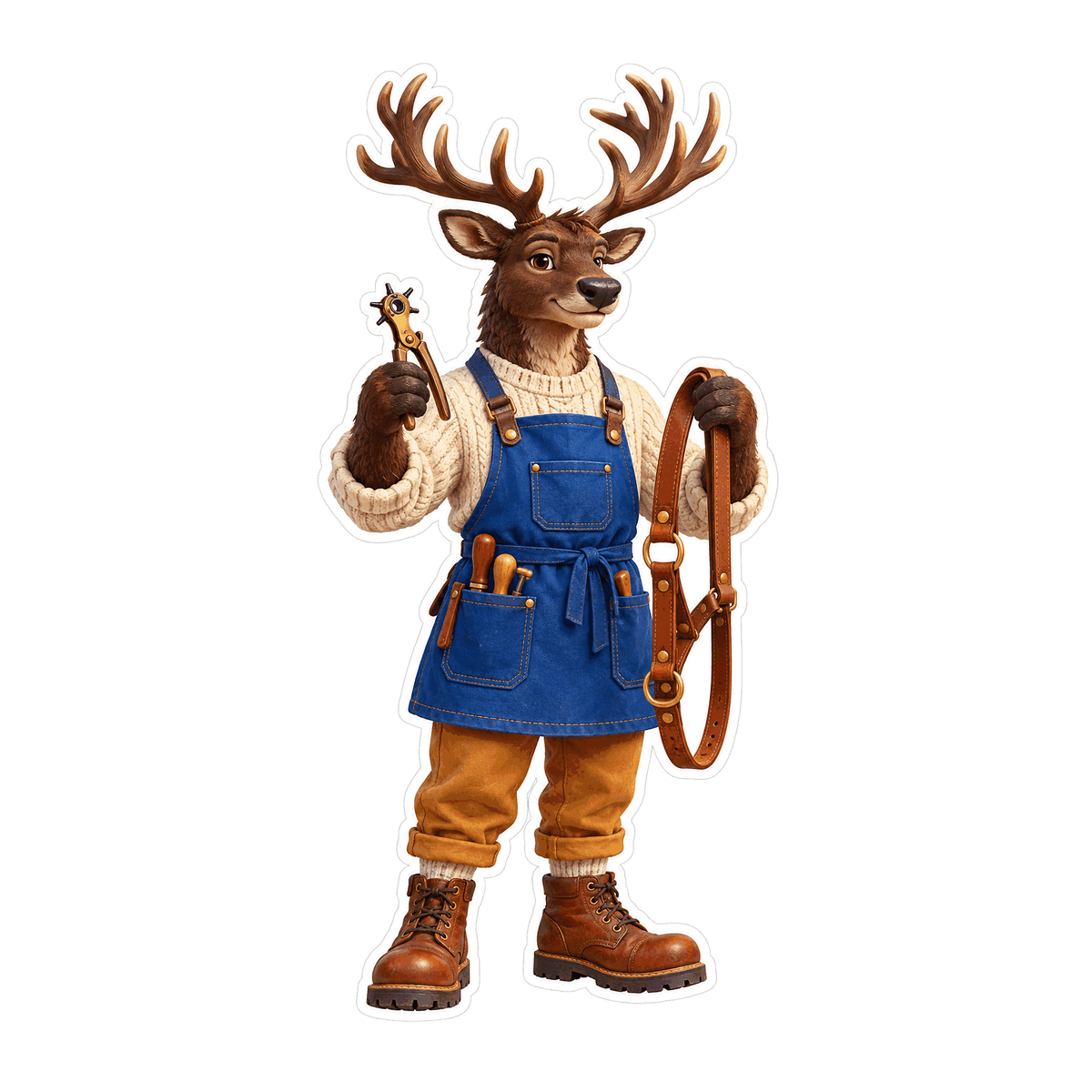 Reindeer in Blue Apron Holding Harness Art Vinyl Decal Stickers