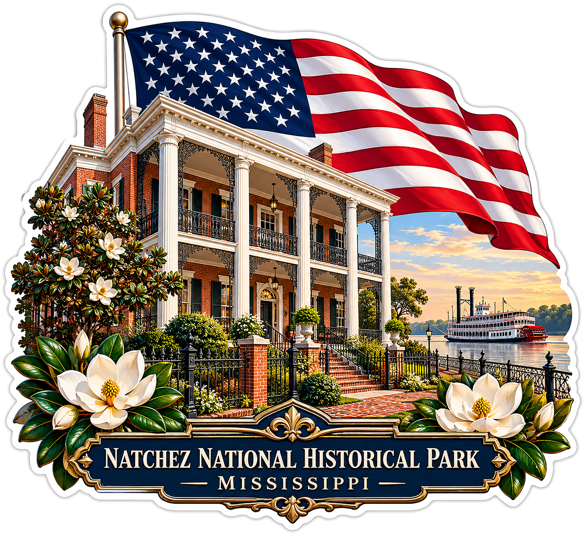 Mississippi Columned House US Flag Art Vinyl Decal Stickers
