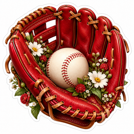Red Baseball Glove With Daisies and Ball Art Vinyl Decal Stickers