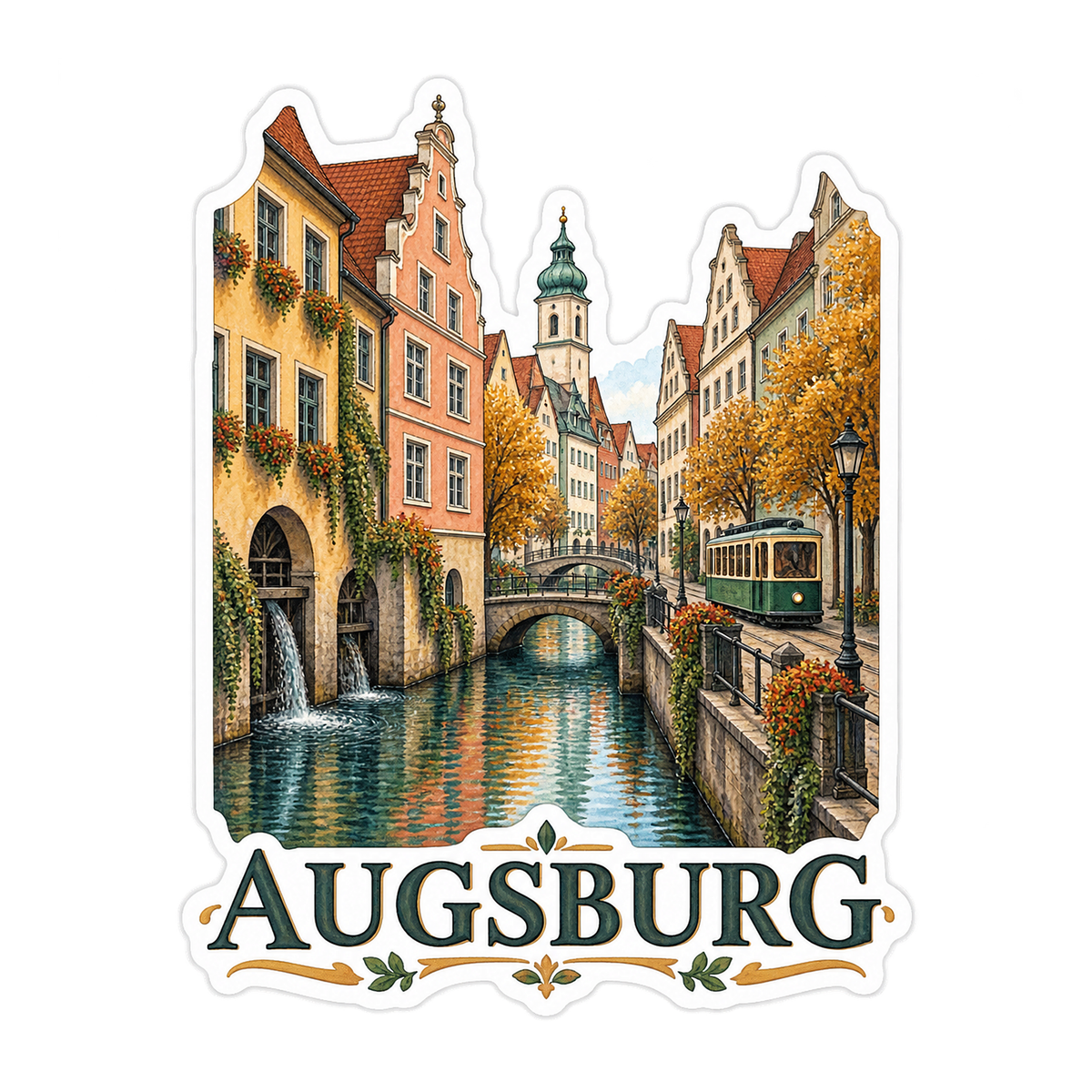 Augsburg Autumn Canal and Tram Art Vinyl Decal Stickers