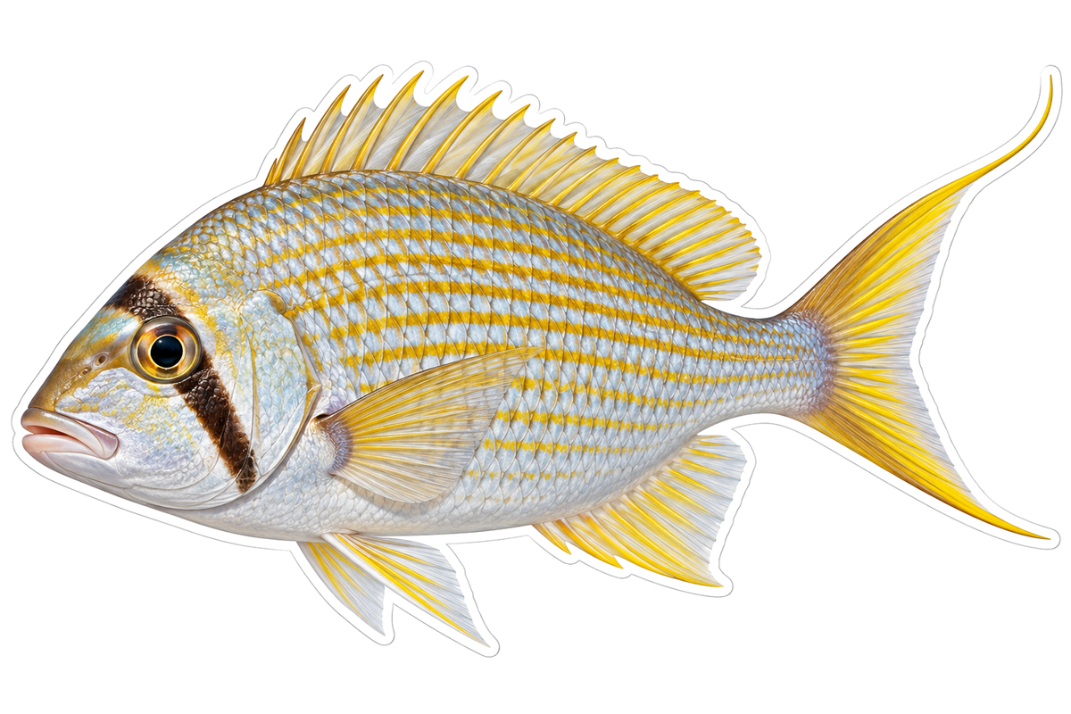 Silver Lattice Fish with Long Golden Tail Tip Vinyl Decal Stickers
