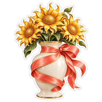 Golden Sunflowers in Vase with Coral Ribbon Vinyl Decal Stickers