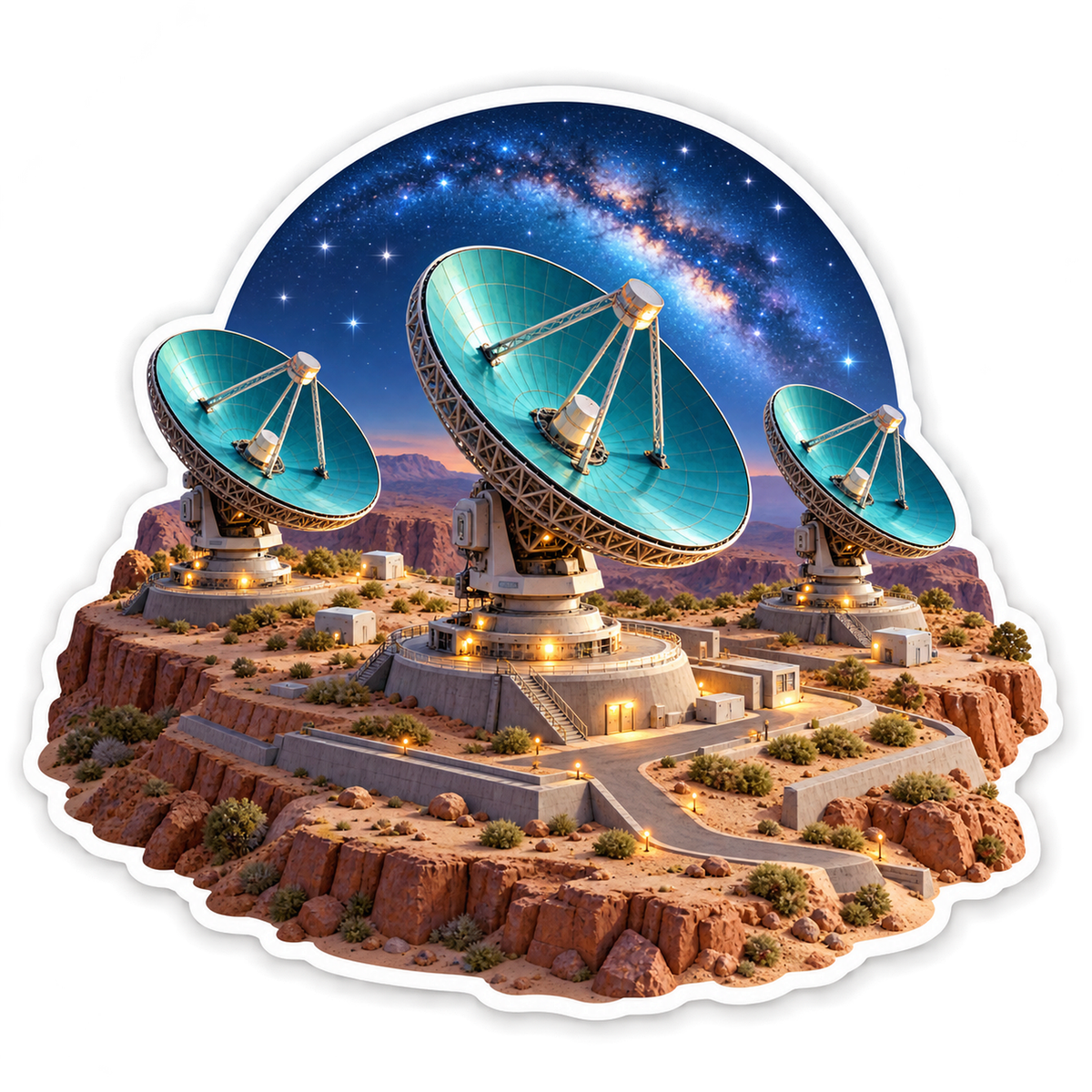 Teal Radio Dishes Beneath Starry Desert Sky Art Vinyl Decal Stickers