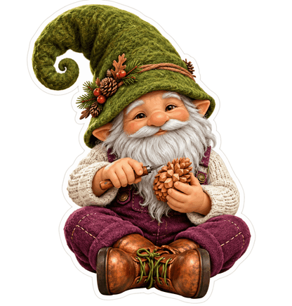 Green Hat Gnome Holding Pinecone Vinyl Decal Stickers