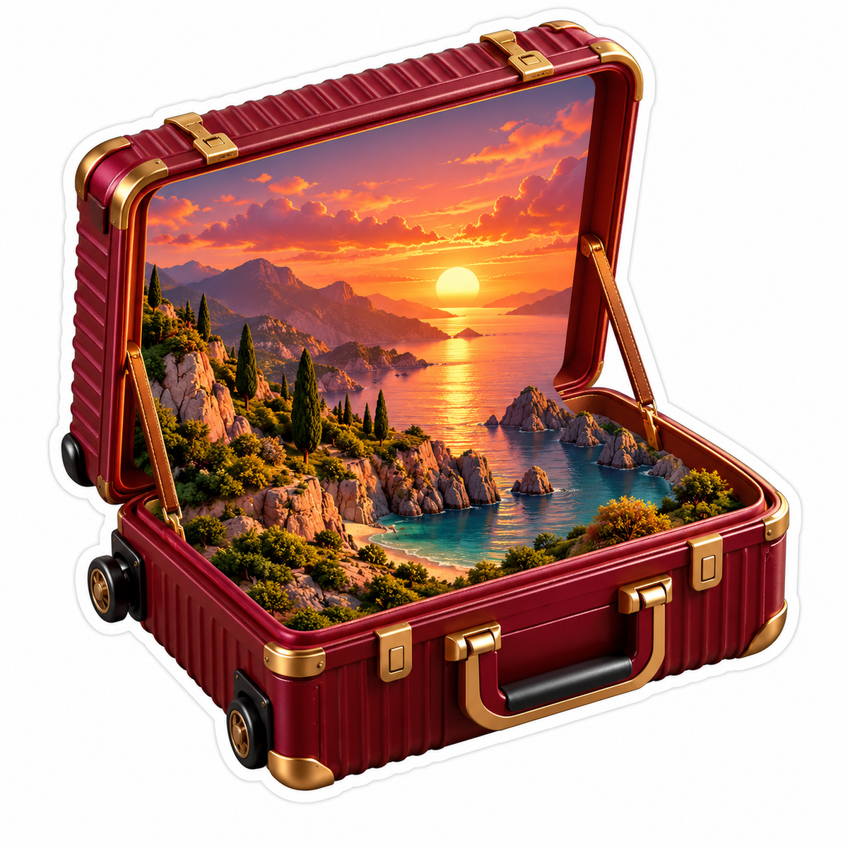 Burgundy Suitcase With Coastal Sunset Scene Art Vinyl Decal Stickers