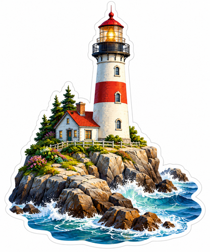 Red White Lighthouse on Rocky Coast Vinyl Decal Stickers