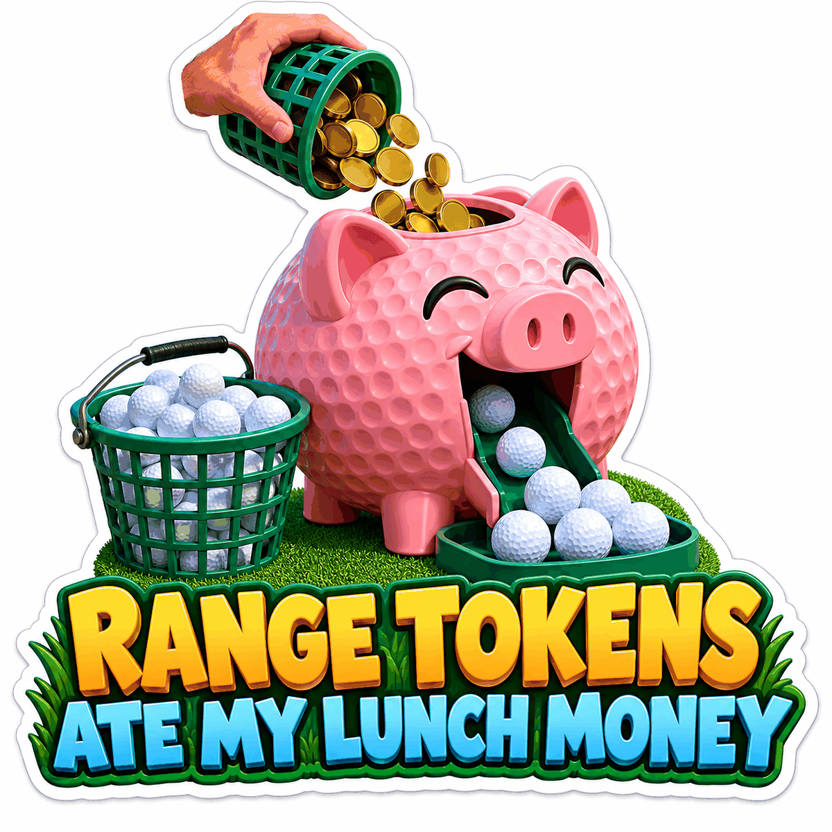 Pink Piggy Bank with Golf Balls and Gold Tokens Vinyl Decal Stickers