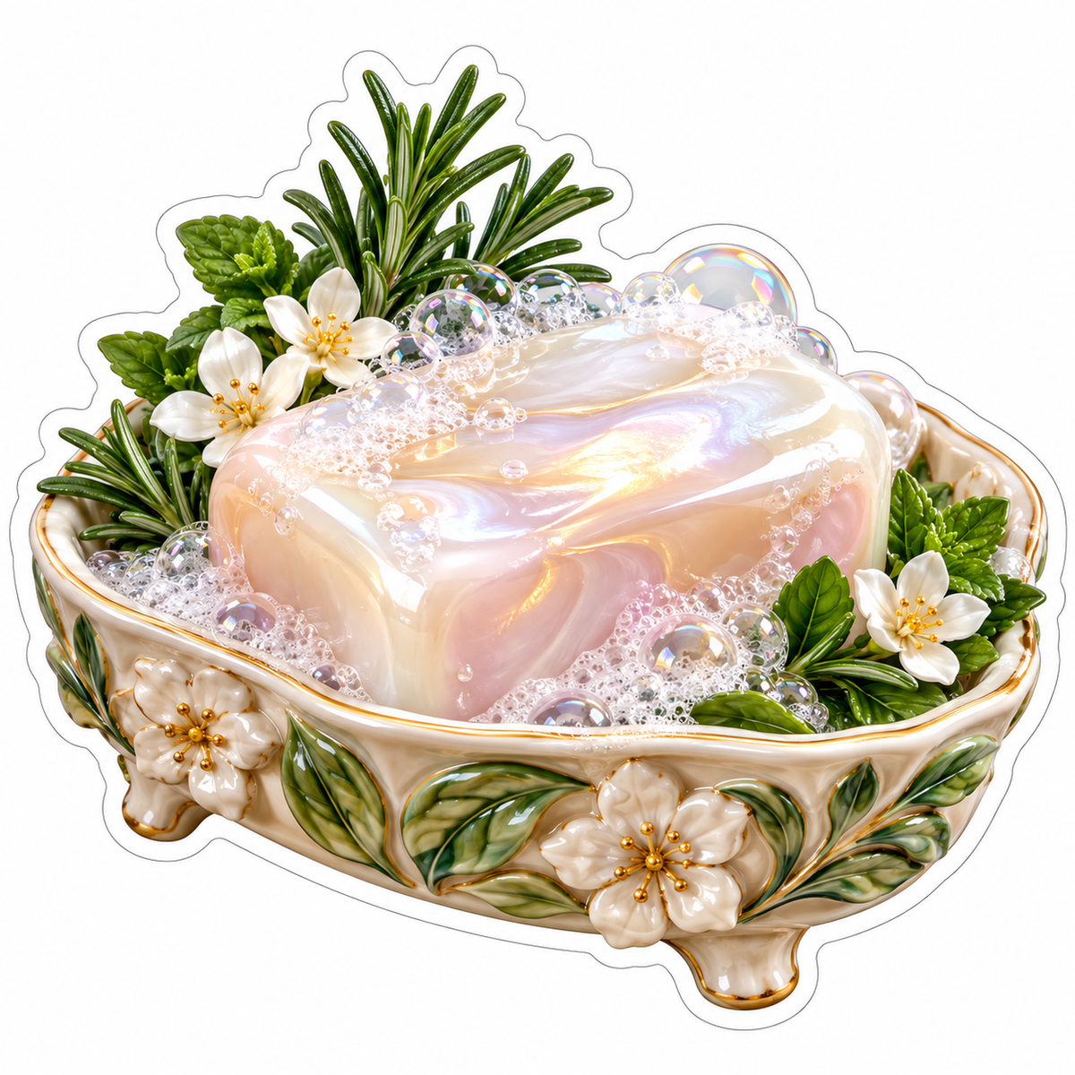 Pearl Soap Bar With Herbs in Floral Dish Art Vinyl Decal Stickers