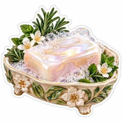 Pearl Soap Bar With Herbs in Floral Dish Art Vinyl Decal Stickers