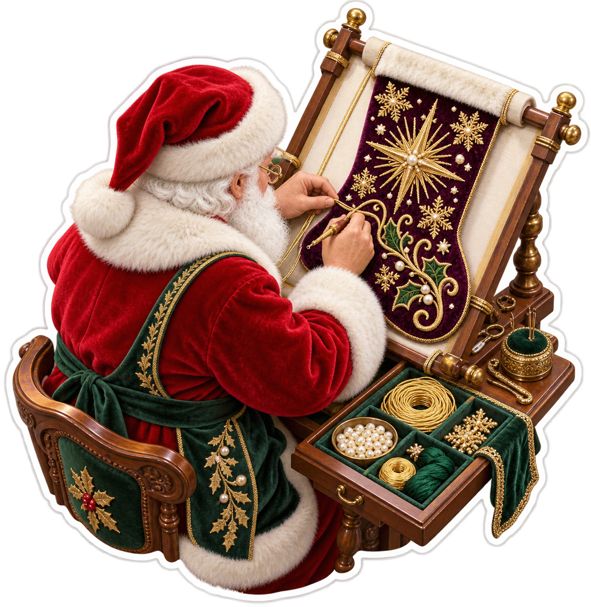 Santa Embroidering Burgundy Holiday Cloth Art Vinyl Decal Stickers