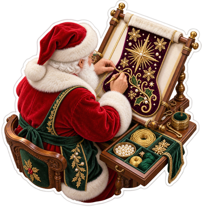 Santa Embroidering Burgundy Holiday Cloth Art Vinyl Decal Stickers