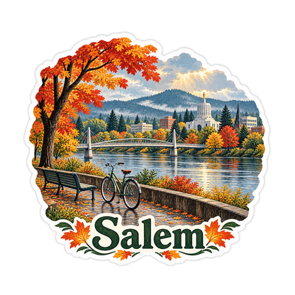 Salem Autumn River and Bicycle Art Vinyl Decal Stickers