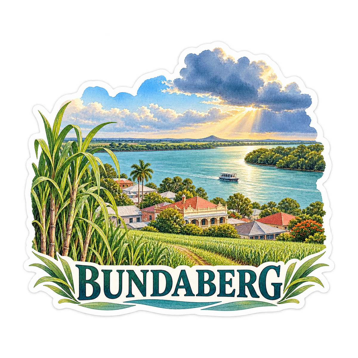 Bundaberg River and Cane Fields Art Vinyl Decal Stickers