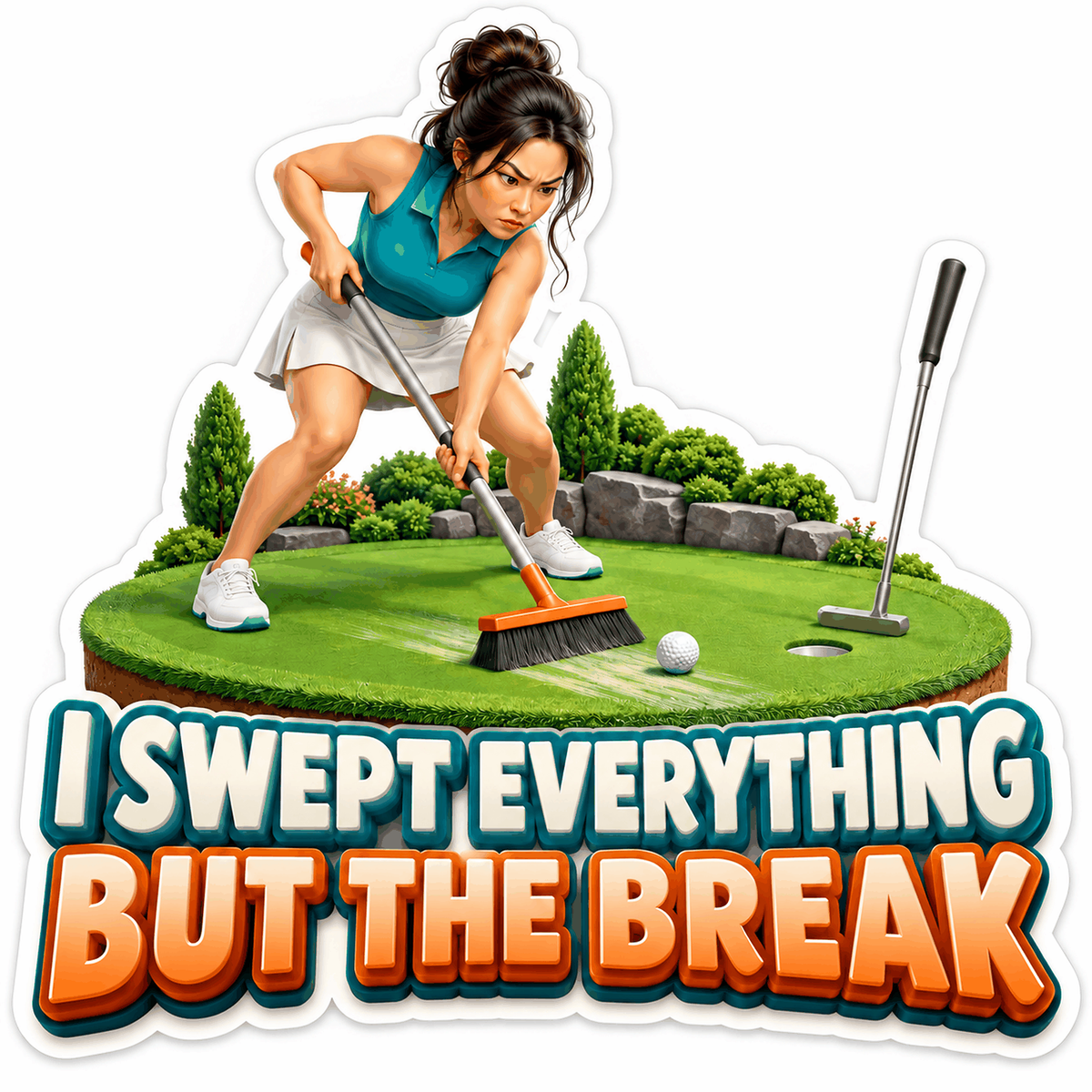 Woman Sweeping Putting Green With Broom Art Vinyl Decal Stickers