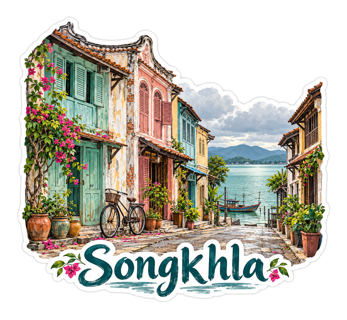 Songkhla Colorful Shop Lane by Lake Art Vinyl Decal Stickers