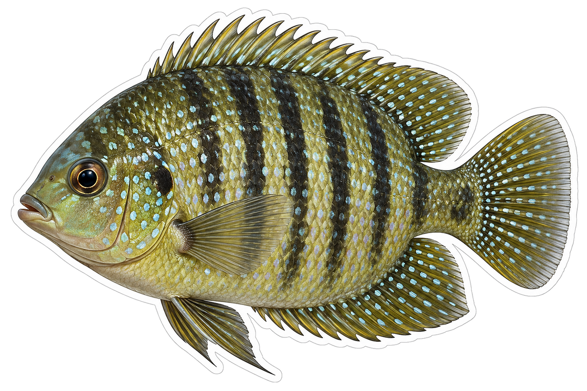 Green Pearlspot Fish with Dark Stripes Art Vinyl Decal Stickers