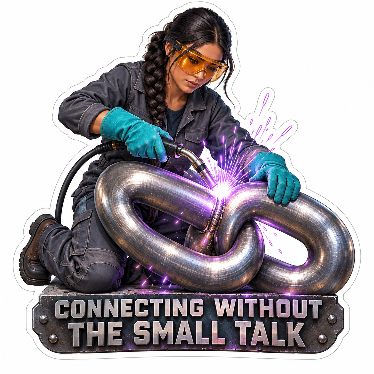 Woman Welding Linked Metal Loops Art Vinyl Decal Stickers