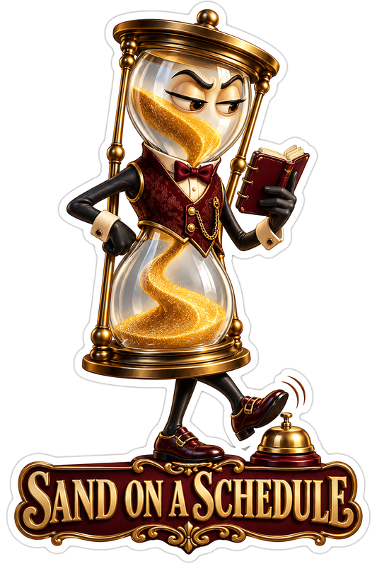 Hourglass Character Reading Beside a Small Bell Vinyl Decal Stickers