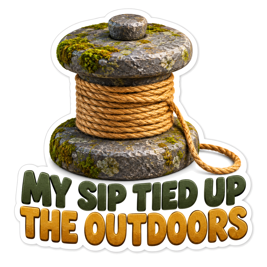 Mossy Stone Reel with Tan Rope and Saying Vinyl Decal Stickers