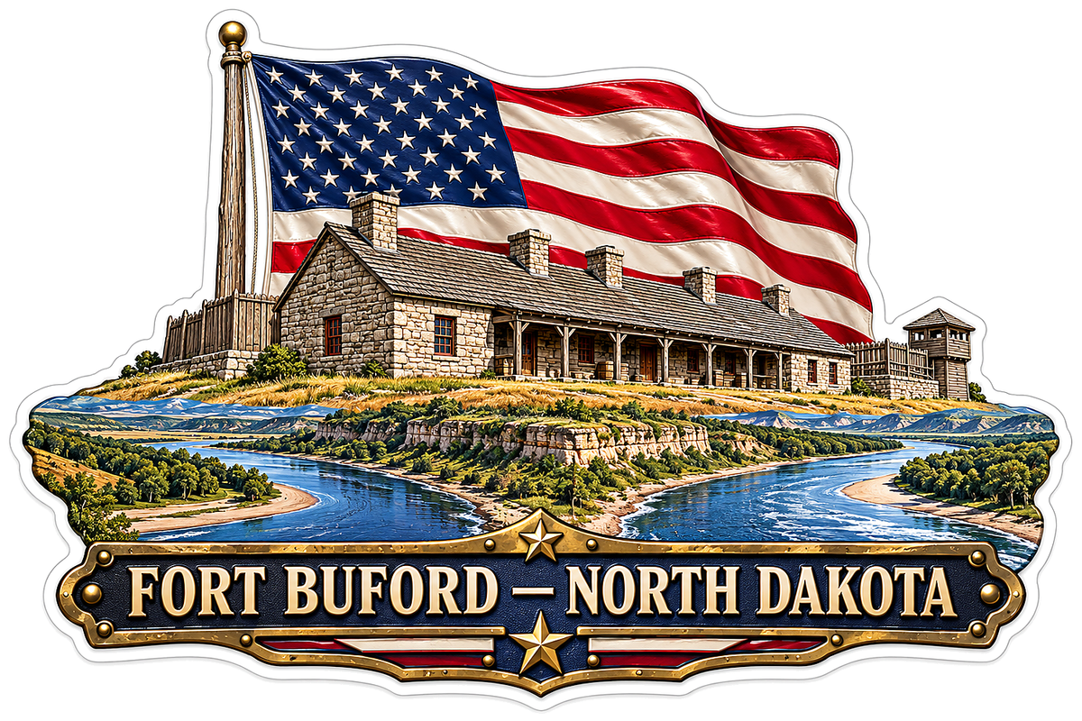 US Flag Fort Buford Stone Barracks Scene Vinyl Decal Stickers