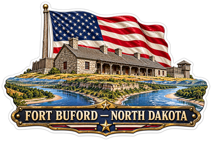 US Flag Fort Buford Stone Barracks Scene Vinyl Decal Stickers