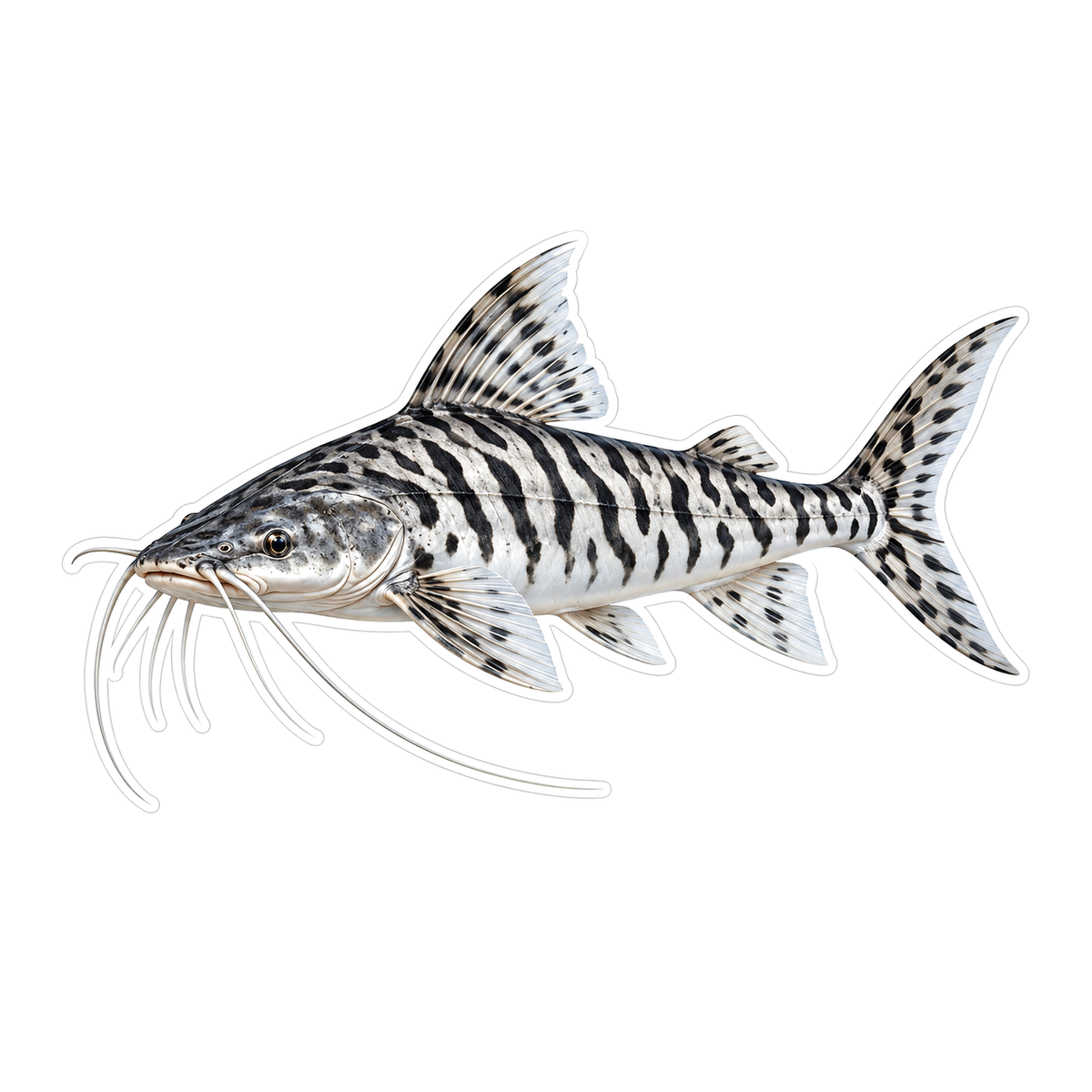 Silver Fish with Black Tiger Bands and Whiskers Vinyl Decal Stickers