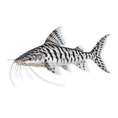 Silver Fish with Black Tiger Bands and Whiskers Vinyl Decal Stickers