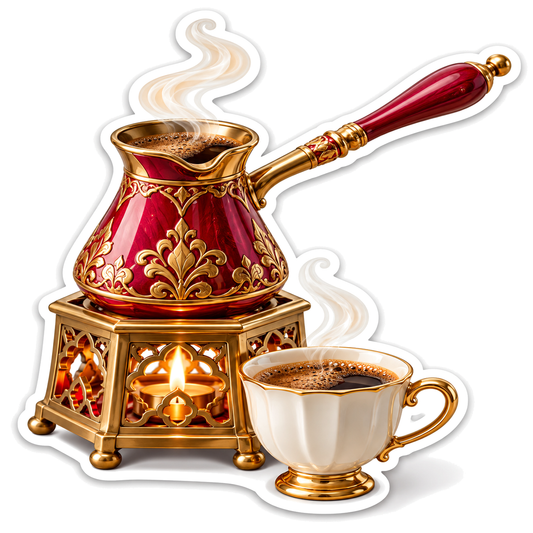 Red Golden Coffee Pot above Glowing Brazier Vinyl Decal Stickers