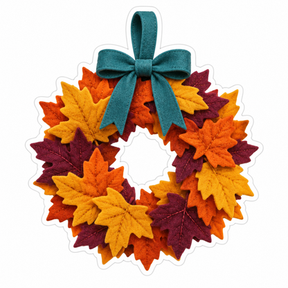 Felt Autumn Leaf Wreath with Teal Bow Vinyl Decal Stickers