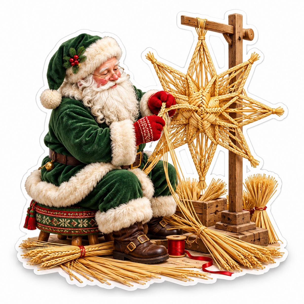 Green Coat Santa Weaving a Large Straw Star Vinyl Decal Stickers