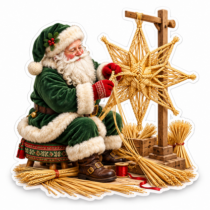 Green Coat Santa Weaving a Large Straw Star Vinyl Decal Stickers