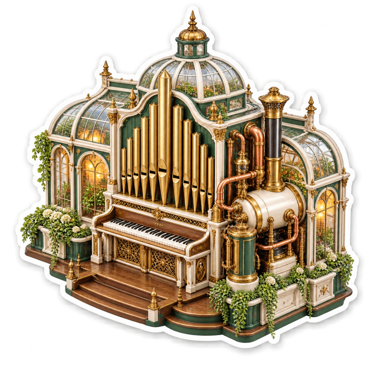 Golden Steam Organ in Green Glass Conservatory Vinyl Decal Stickers