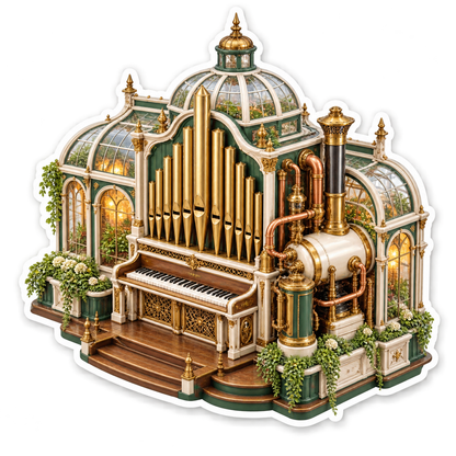 Golden Steam Organ in Green Glass Conservatory Vinyl Decal Stickers