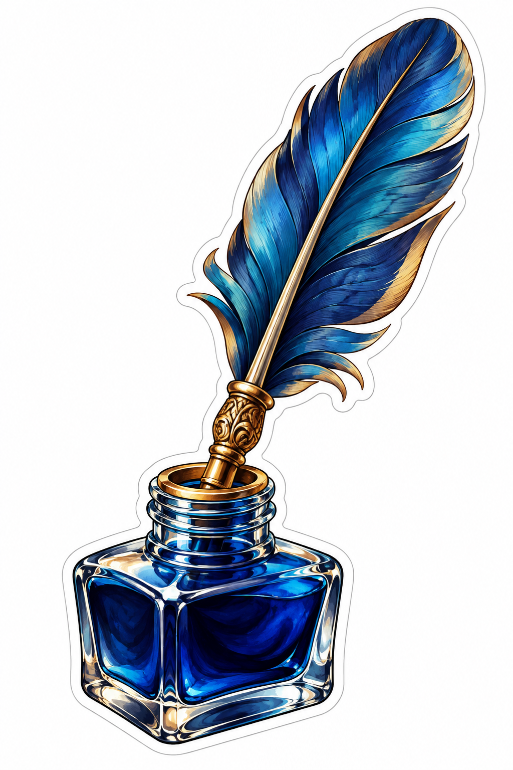 Blue Gold Feather Quill in Ink Bottle Vinyl Decal Stickers