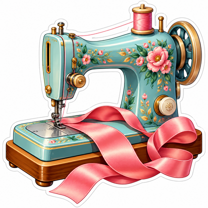 Teal Floral Sewing Machine and Pink Ribbon Vinyl Decal Stickers