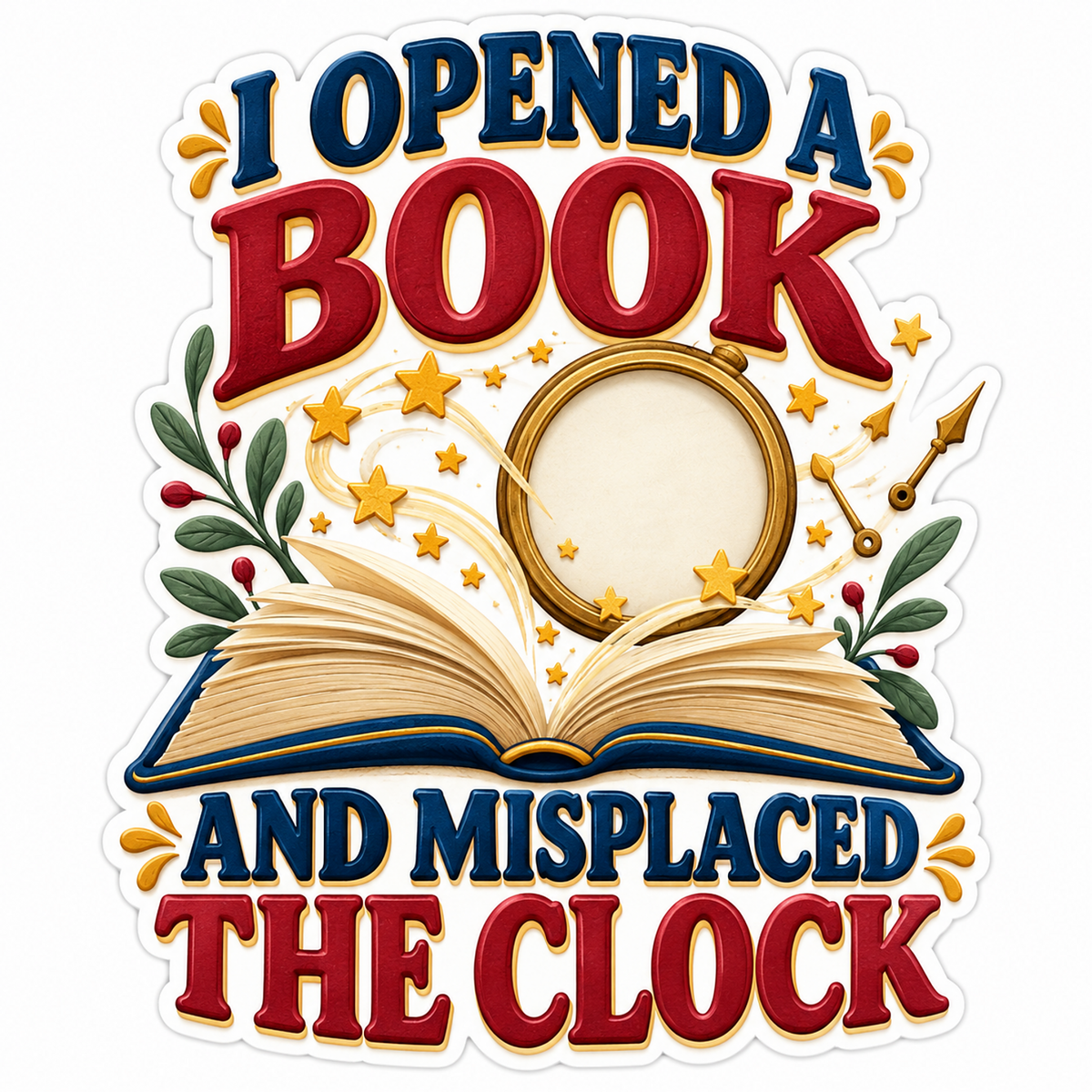 Open Book Gold Clock Reading Humor Quote Vinyl Decal Stickers