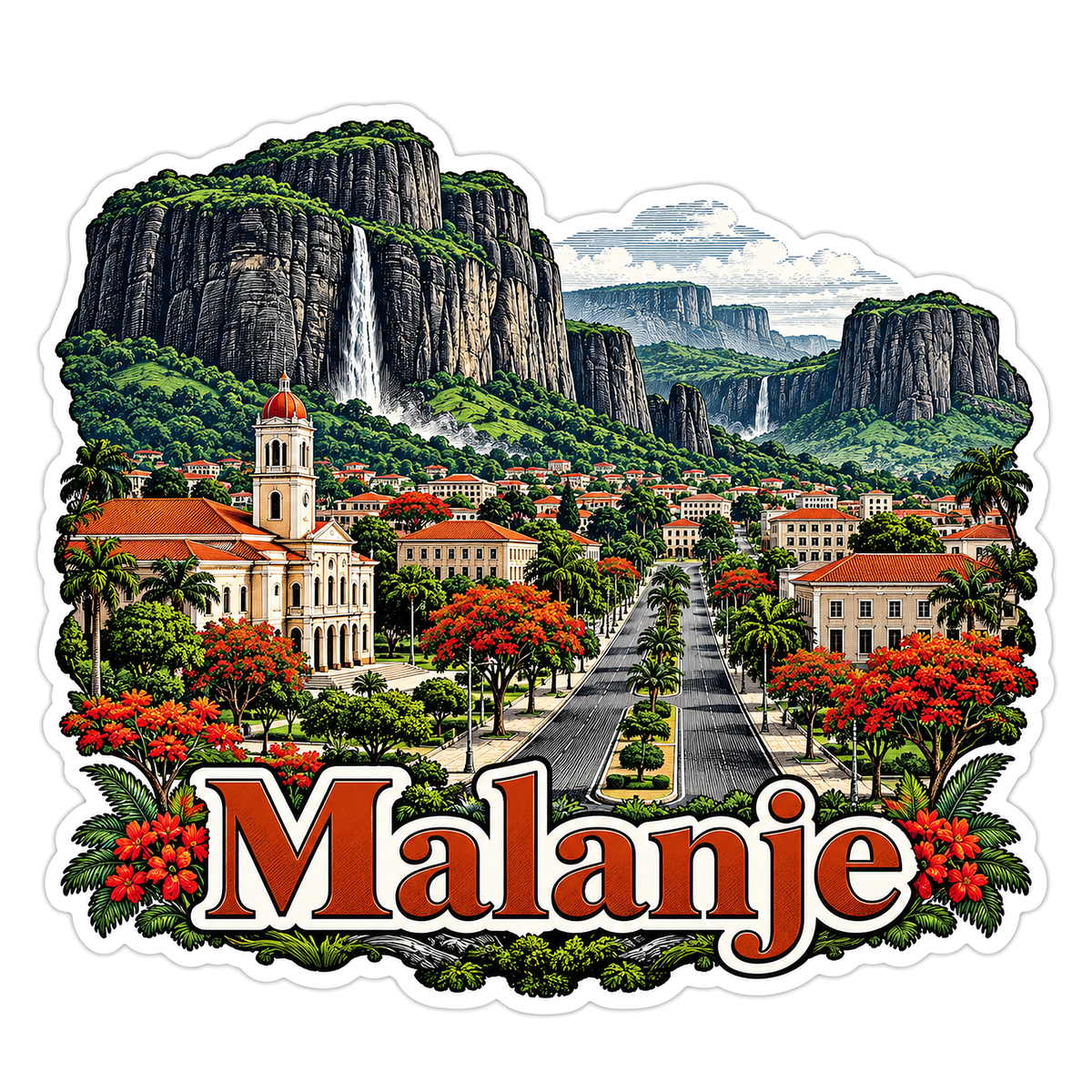 Malanje Cliffs Waterfall Town Travel Art Vinyl Decal Stickers