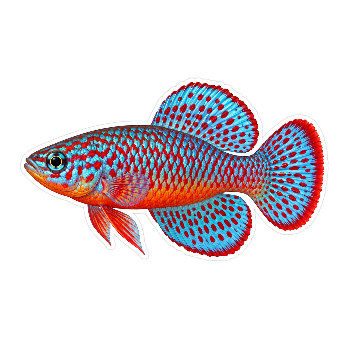 Red and Turquoise Fish with Broad Dotted Fins Vinyl Decal Stickers