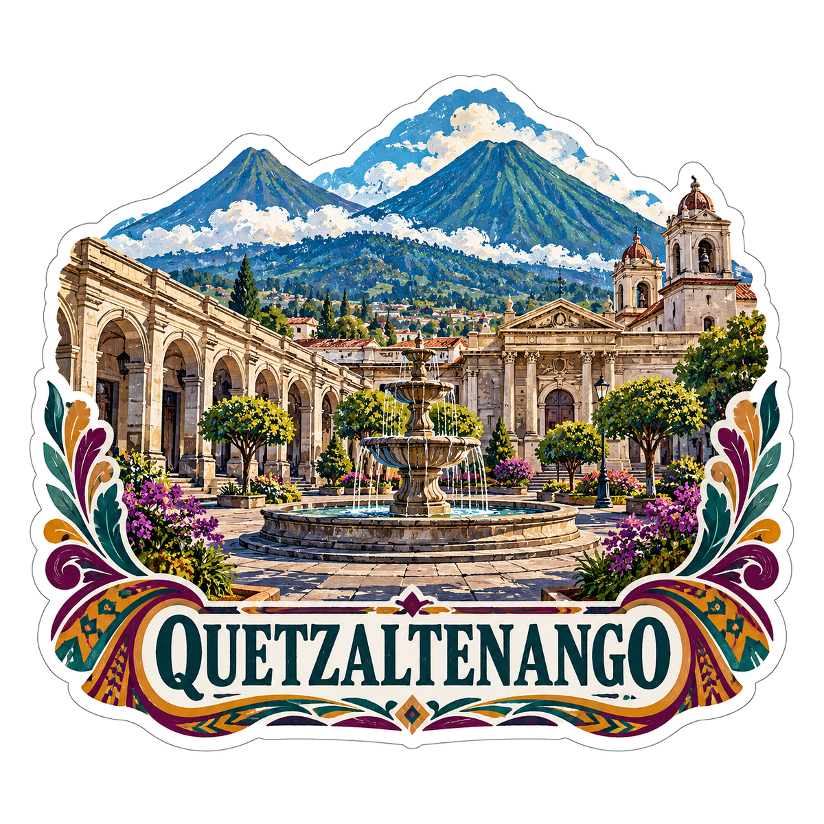 Quetzaltenango Plaza and Volcanoes Art Vinyl Decal Stickers